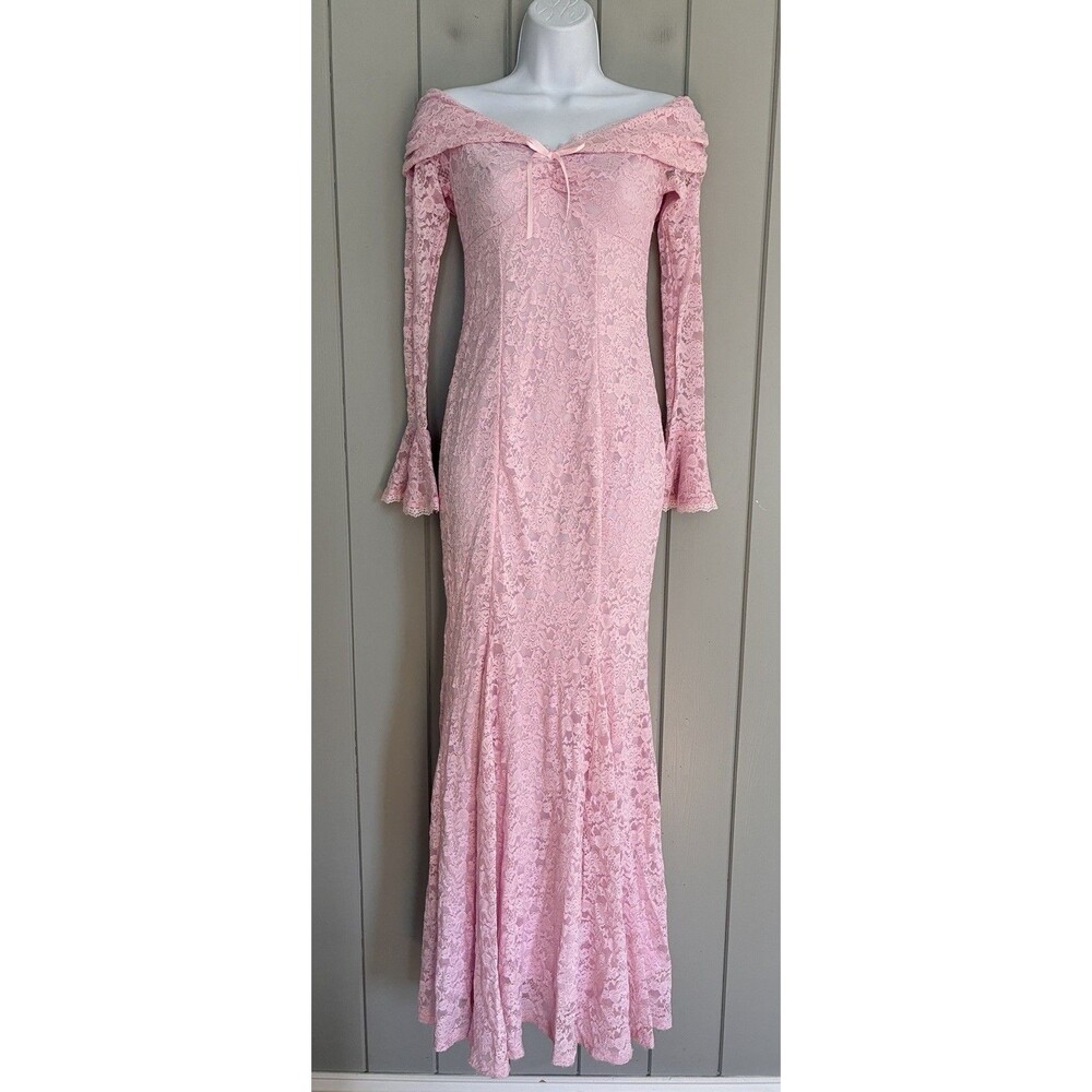 Hello Molly Maxi Dress XS Laced Up Luxe Off Shoulder Light Pink Long Sleeves